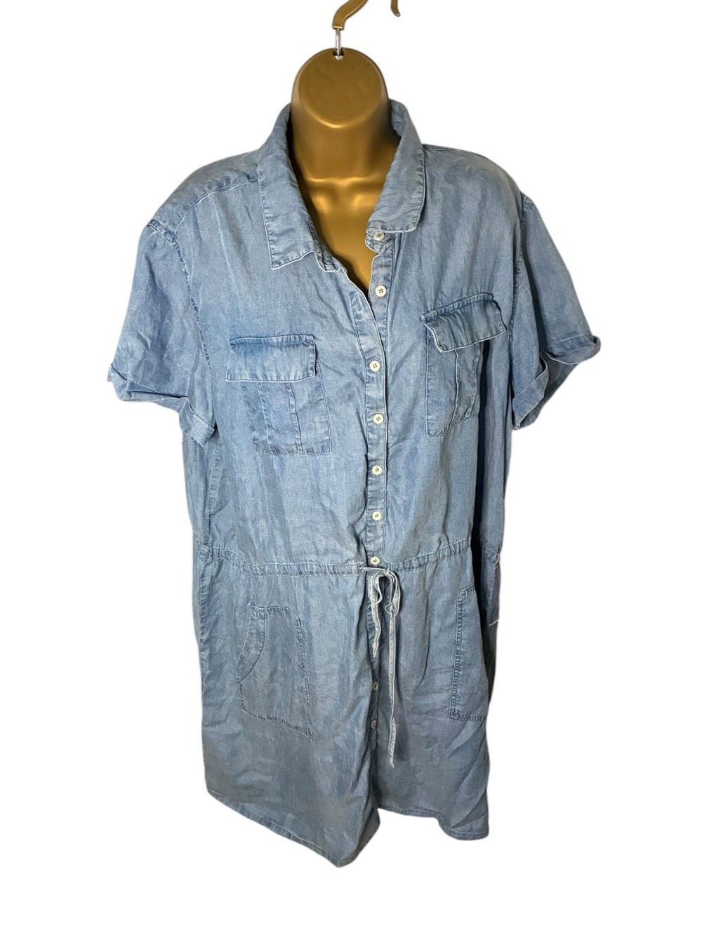 Mikarose Shirt Dress Short Sleeve Drawstring Chambray Blue XL